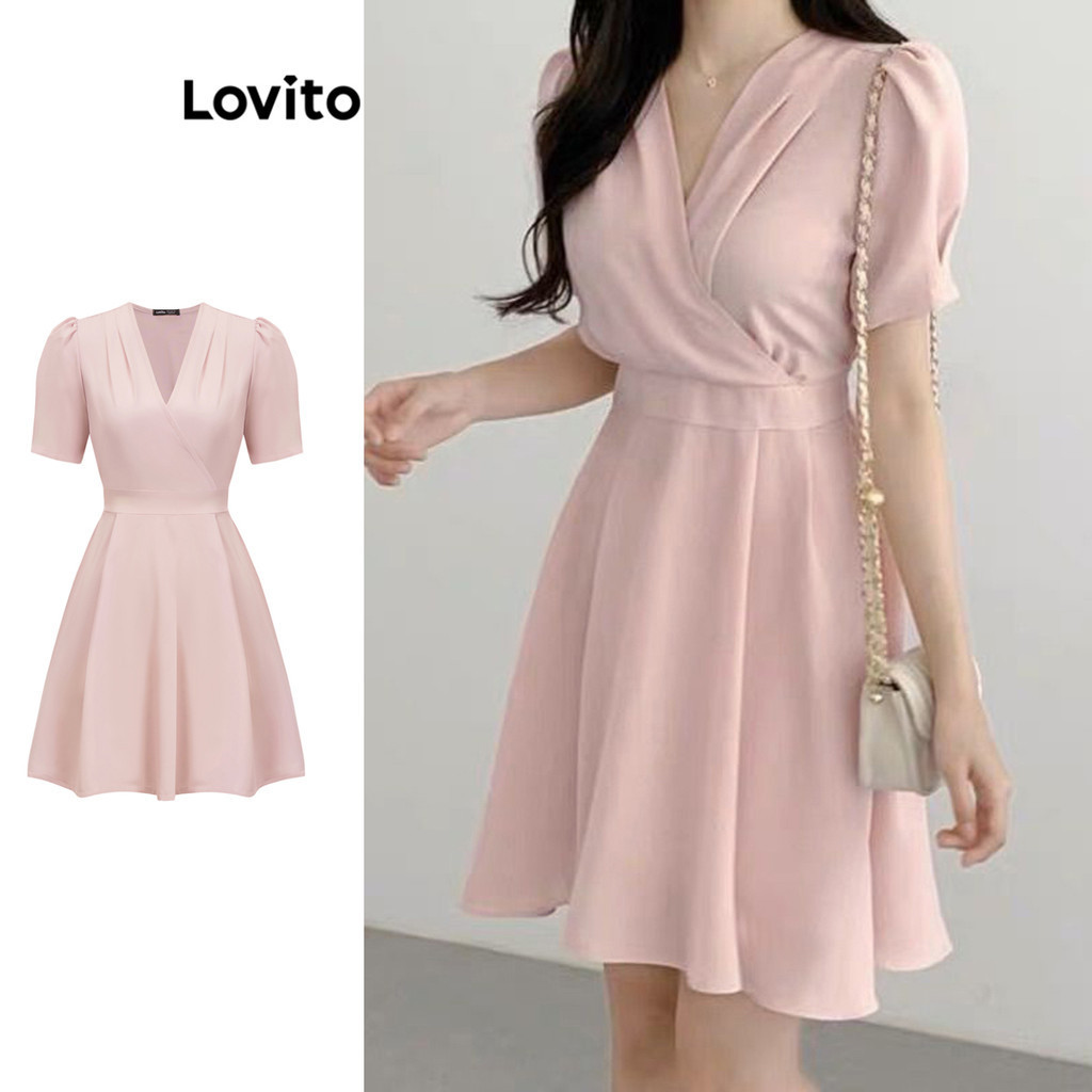 Lovito Vestido casual plissado liso para mulheres L86ED409
