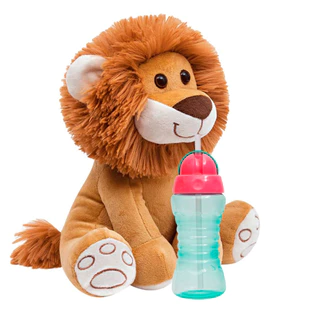 Garrafa Infantil Canudo Retrátil 300ml Verde + Pelucia Meu Leaozinho Caramelo Antialergico 25cm