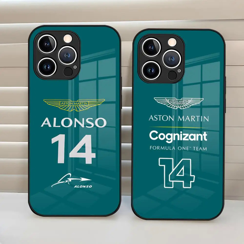 Alonso 14 Aston Martin F1 Capa Traseira De Vidro Temperado Para iPhone 15 Pro Max 14 12 11 13 Mini XR XS 8 7 Plus SE 0821