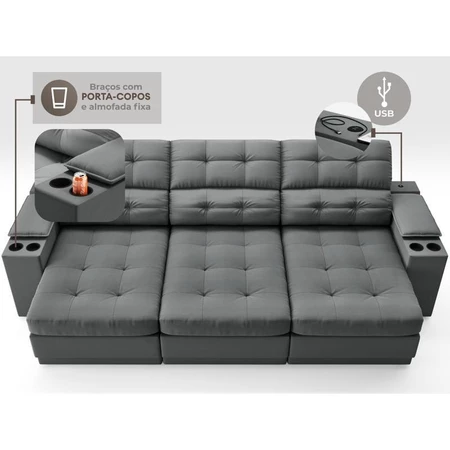 Sofá com Porta Copos e Carregador USB Eureka 2,30m Assento Retrátil e Reclinável Velosuede Grafite - NETSOFAS