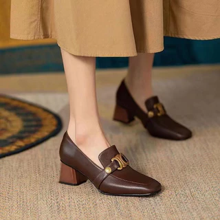 【 Rapid Entrega � Novos Sapatos De Couro De Salto Quadrado Francês Espesso Para Spring/Summer 2023