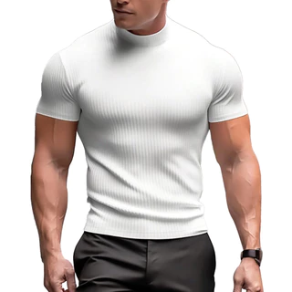 Camiseta Masculina Canelada Gola Alta Manga Curta Slim
