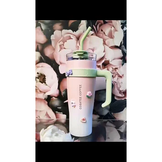 Caneca a Vacou com Alça 1200ml adesivo 3D Canudo de Ferro e Tampa Elgante