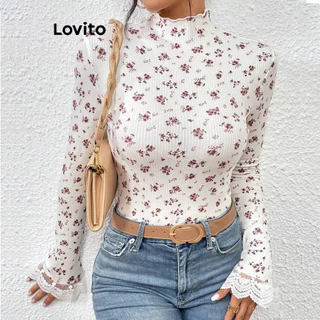 Lovito Camiseta feminina romântica Ditsy com renda floral LBL12252