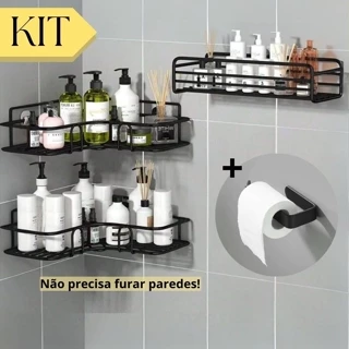 Kit Com 4 Suportes De Banheiro De Metal Adesivo Organizador De Parede Sabonete Shampoo E Papel