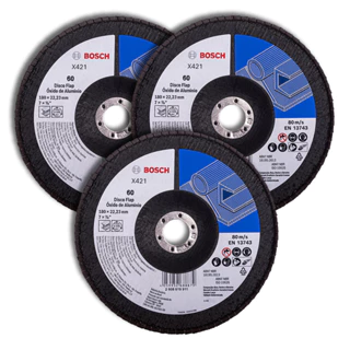 Discos Flap 180mm Bosch Grão 60 em Óxido de Alumínio X421 Kit com 3 Curvo 7"