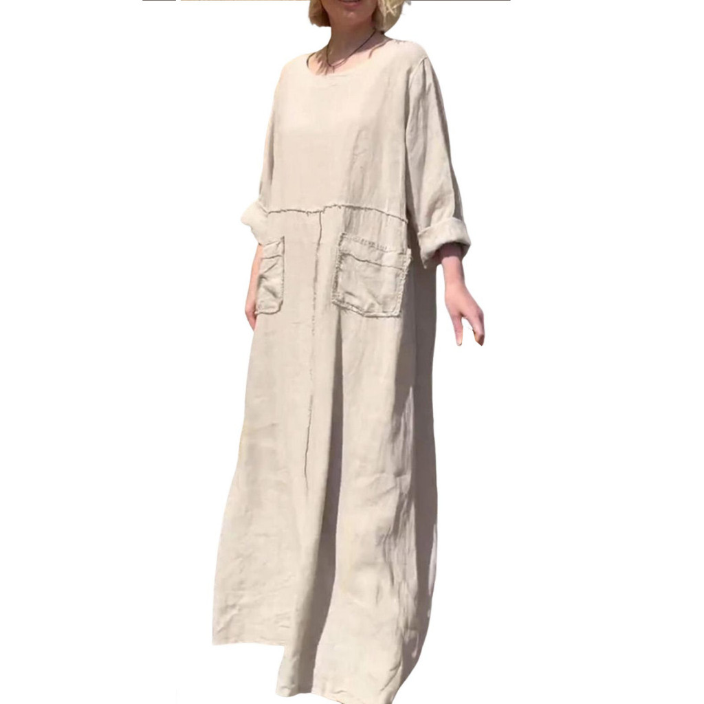 Women Loose Fit Dress Fashionable Women's Long Sleeve A-line with Pockets  Retro Style Solid Color Round Neck for Office Daily Life Beach | Shopee  Brasil