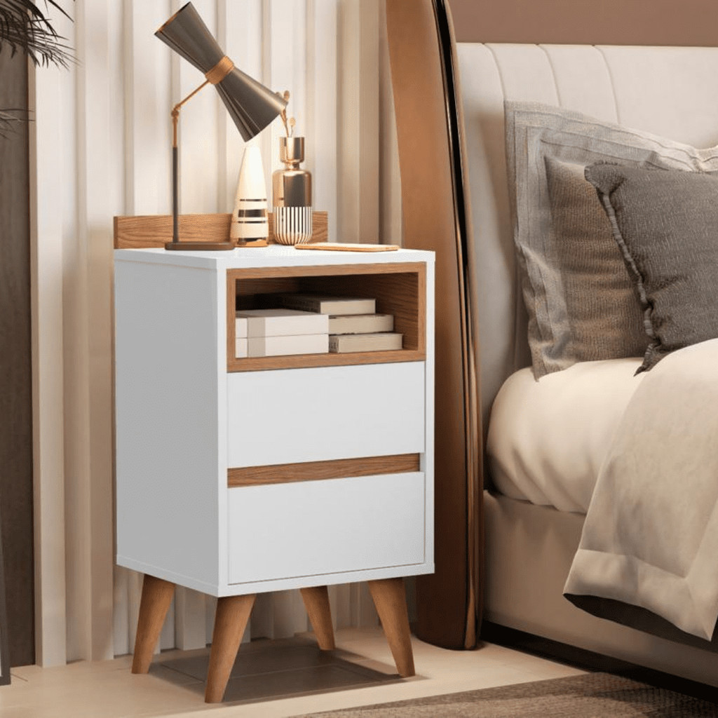 Mesa de Cabeceira Quarto Apoio Lateral Cama Casal Estilo Decoração Retrô Álamo 2 Gavetas - Branco