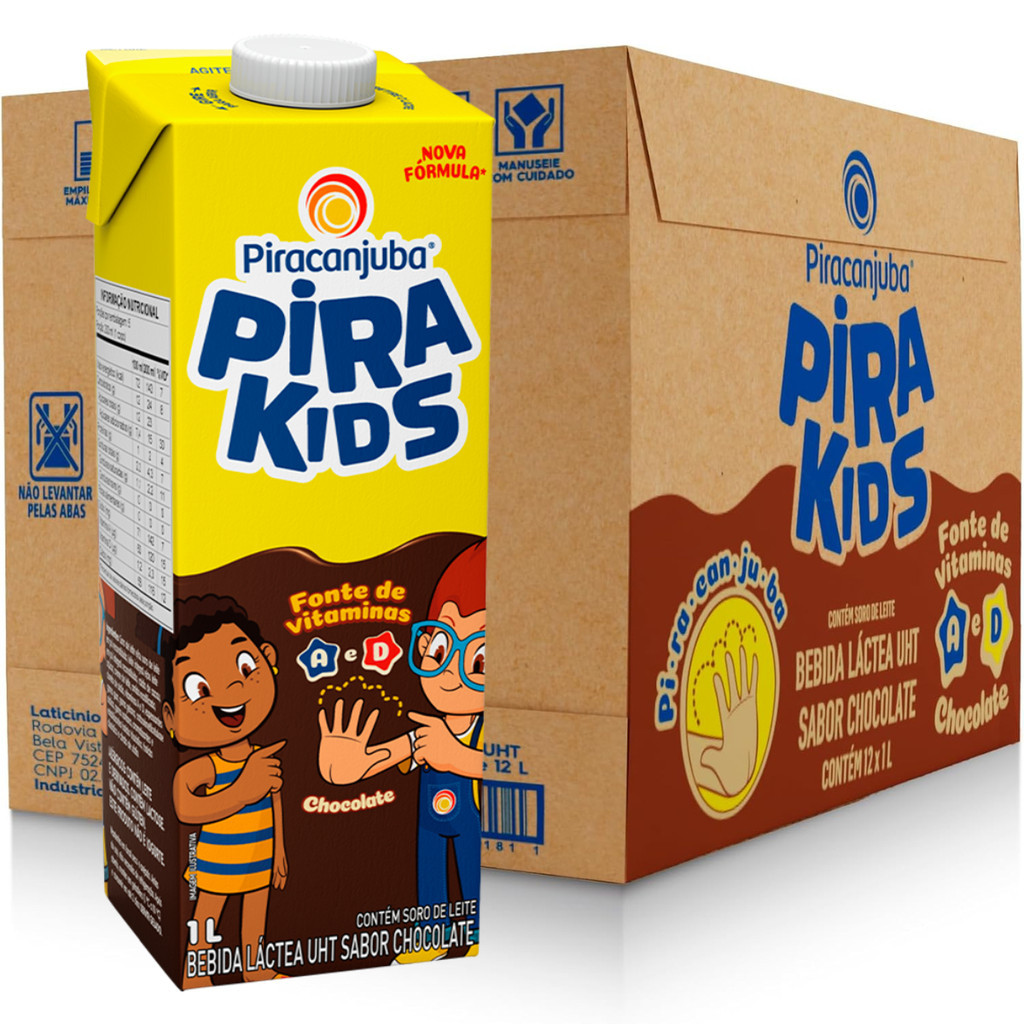 Caixa 12 unidades Achocolatado Piracanjuba Pirakids 1 Litro - Kit 12x1000ml