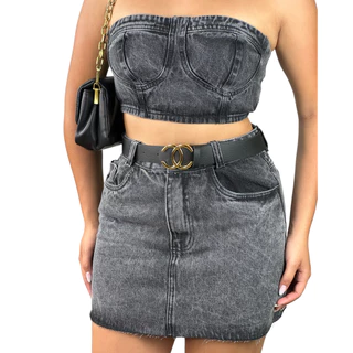 Conjunto Jeans Cropped Tomara Que Caia E Saia Lavagem Estonada