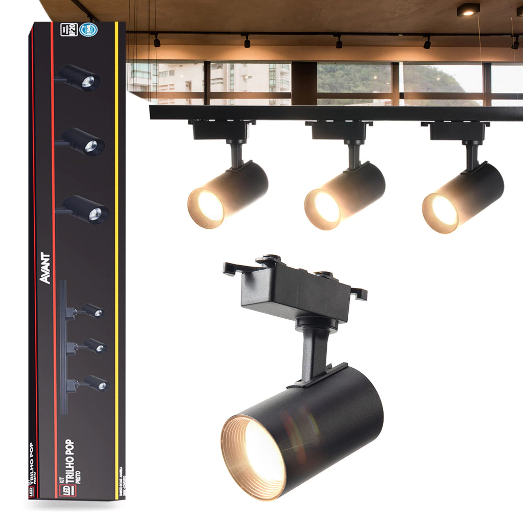 Kit trilho Eletrificado 3 Spot Led + 1 Metro de Trilho Pop 15w 3000k Branco Quente 110v/220v Preto Cod: 251931405 Avant