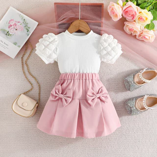 Conjunto Roupa Infantil Menina 2-7 anos Verão Manga Bufante Blusa E Elástica Saia Curta De Arco Para Bebê Crianças