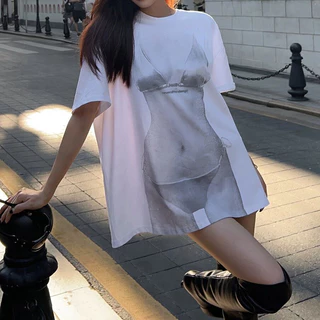 Efeito See-through 3D Camiseta Branca Impressa 2024 Summer New oversize Topo Inferior do Corpo Falta