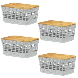 Kit 4 Cestos 2,5L Organizador OU Branco com Tampa de Bambu