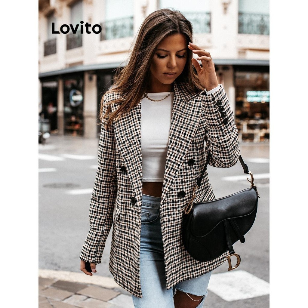 Lovito Blazer casual Houndstooth com botão duplo para mulheres LNL61204