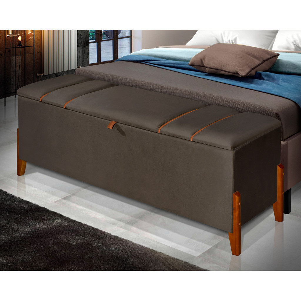 Recamier Baú Retro Pés Madeira Casal Roma 130cm Luxo Moderno Puff Guardar Sapateira Enxoval