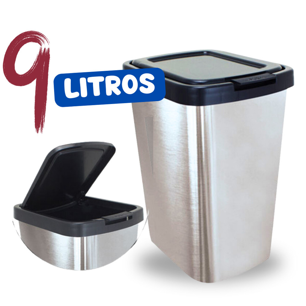 Lixeira de Plastico Retangular Prata com Tampa 9 Litros Grande Lixo ...