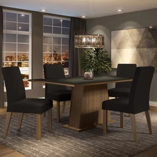 Conjunto Sala de Jantar Mesa Tampo de Madeira com 4 Cadeiras Rustic/Preto/Oxford Flavia Madesa em Oferta na Shopee
