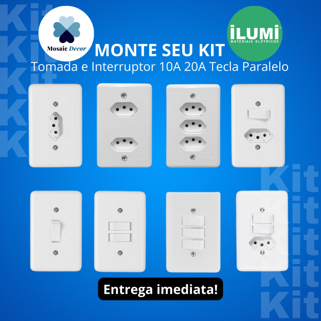 Tomada Interruptor Conjunto 4x2 10A 20A Tecla Simples Paralelo Ilumi Stylus Monte Seu Kit