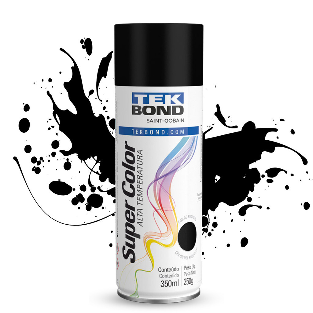 Tinta Spray Alta Temperatura Preto Fosco SuperColor 350ml Tekbond Aerossol Secagem Rápida Escapamento Aerosol