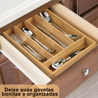 Porta Talheres Bambu Organizador Separador 5 Divisórias Para Gaveta Divisor Madeira Bambu Cozinha Multiuso
