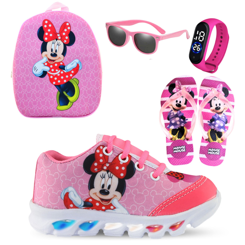 Kit Tênis Infantil Feminino Minnie Chinelo Com Mochila Relógio e Óculos (Tam.20 ao 34)