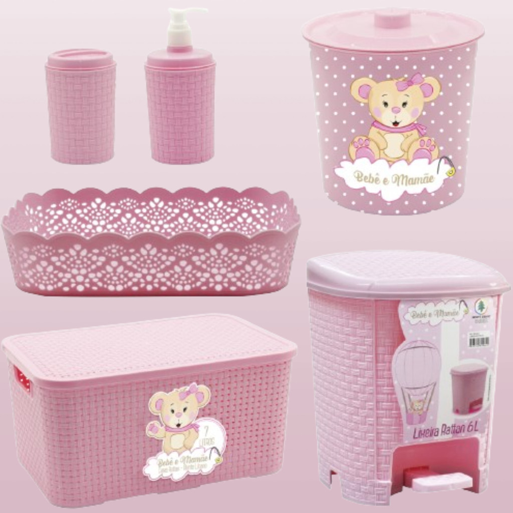 Kit Organizador Higiene Quarto De Bebê Criança Menina Lixeira/Porta ...