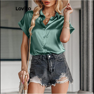 Lovito Blusa Casual De Tecido De Cetim Com Botão Liso Para Mulheres LNL42144