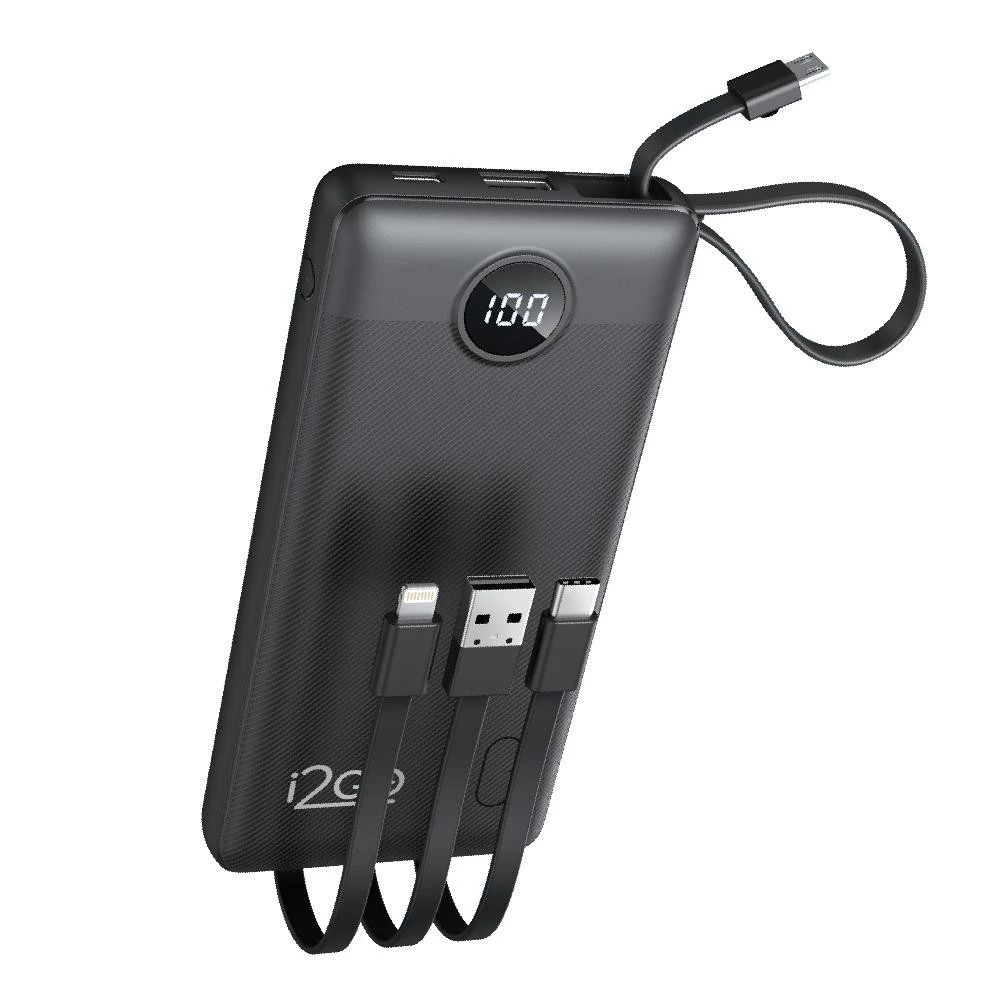 Carregador Portátil (Power Bank) i2GO 10000mAh 4 Em 1 Com Cabos Acoplados (Micro-USB, USB-C, Lightning e USB-A) Preto