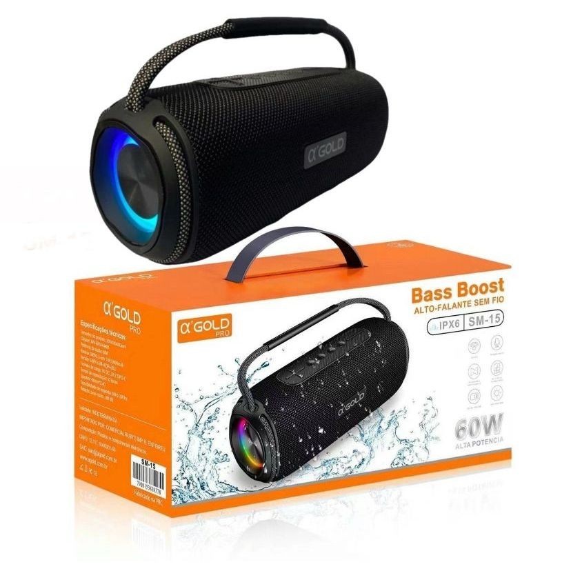 Caixa de som Bluetooth Resistente a Água com Alto Falante Duplo 60W e Luz RGB A'gold Original SM-15