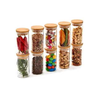 Kit 6 Pote Vidro Empilhavel Porta Tempero Mantimentos Redondo Borossilicato Tampa De Bambu 150ml