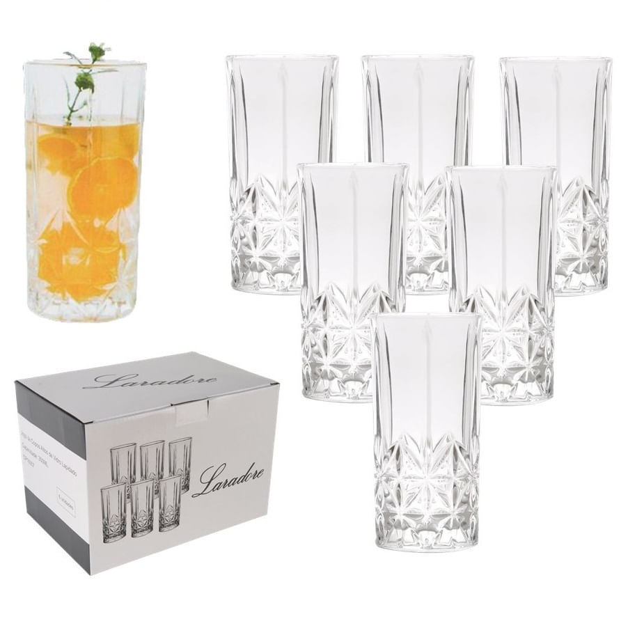 Jogo 6 Copos Altos de Vidro Lapidado - Laradore Royal 350ml