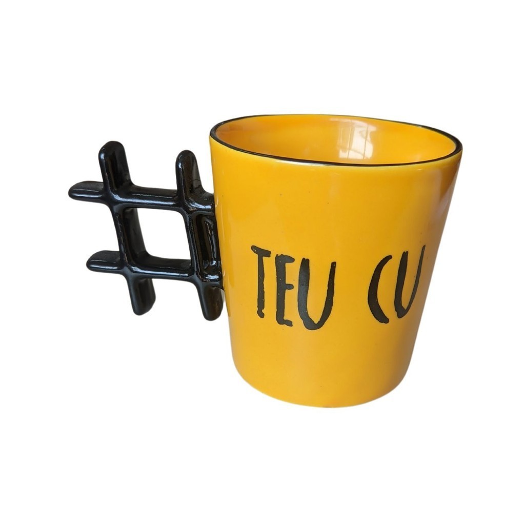 Caneca Hashtag 390Ml Amarelo Preto Teu C* Cerâmica Presente Diferente Xicara Criativa Engraçada
