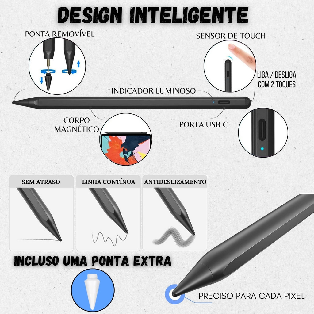 Caneta Pencil Palm Rejection Para iPad Air 6 A2902 - 11 Polegadas