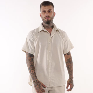 Camisa Linho Masculino Social Slim Manga Curta Lisa Botões