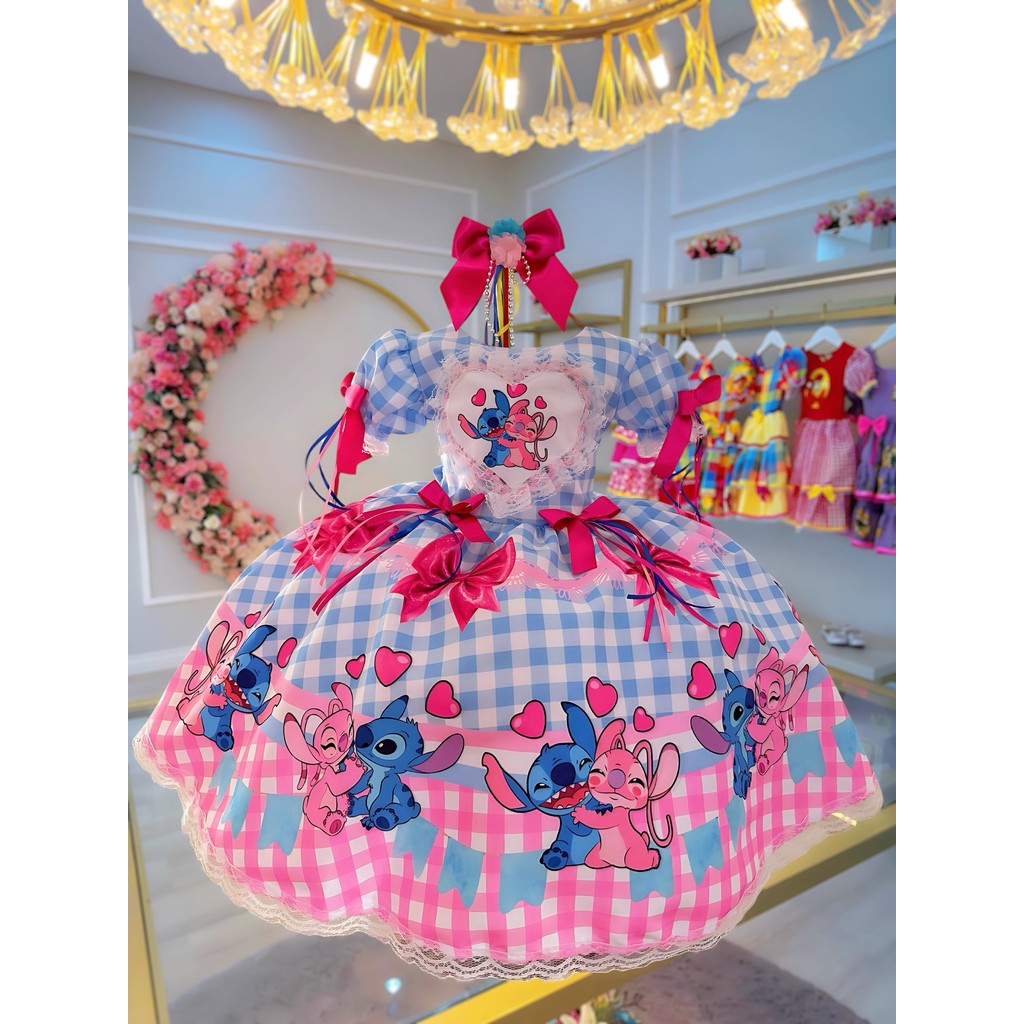 Vestido Infantil Junino Lilo Stitch e Angel Xadrez Azul Festa