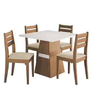 Conjunto Sala de Jantar Mesa Dakar 0,90m 4 Cadeiras Cedro / Off White / Bege Dobuê
