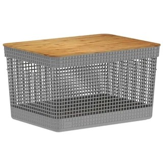 Cesto 20L Organizador OU Grid Cinza com Tampa de Bambu