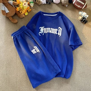 Conjunto Coreano Camiseta Manga Curta e Shorts – Azul, Branco, Preto