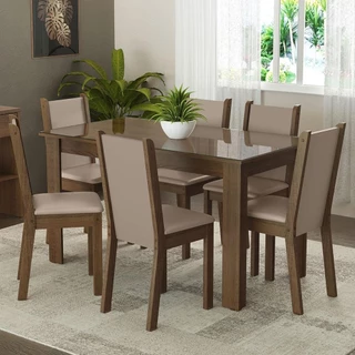 Conjunto Sala de Jantar Mesa Tampo de Vidro 6 Cadeiras Rustic/Crema/Bege Heloísa Madesa em Oferta na Shopee