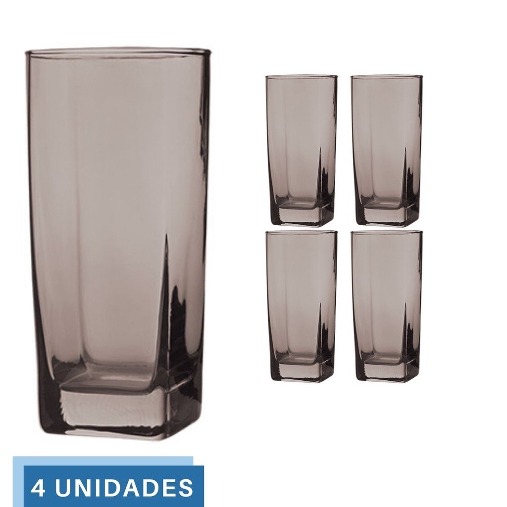 Copo Vidro 320ml Quadrado BALI Jogo com 4 Cinza Luxo Agua