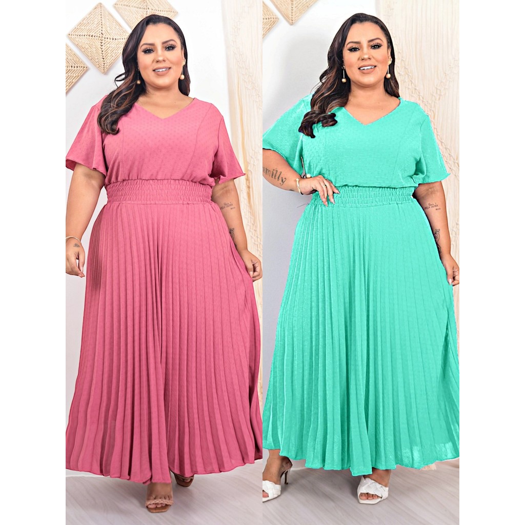 Vestido Feminino Moda Evangélica Max Plissado Plus Stefany