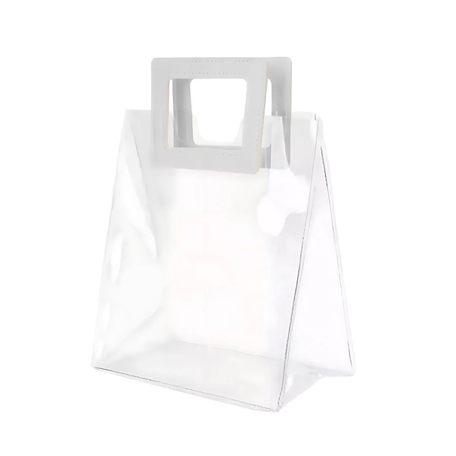 Kit 50 Sacola Transparente PVC com Alça Quadrada de Couro Branco - 26x22x12cm