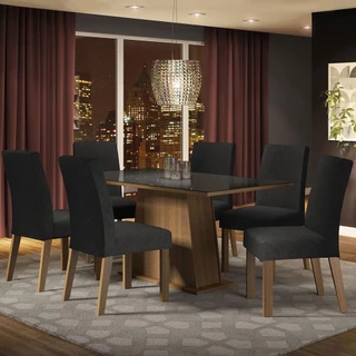 Conjunto Sala de Jantar Mesa Tampo de Vidro  6 Cadeiras Rustic/Preto/Oxford Patricia Madesa em Oferta na Shopee