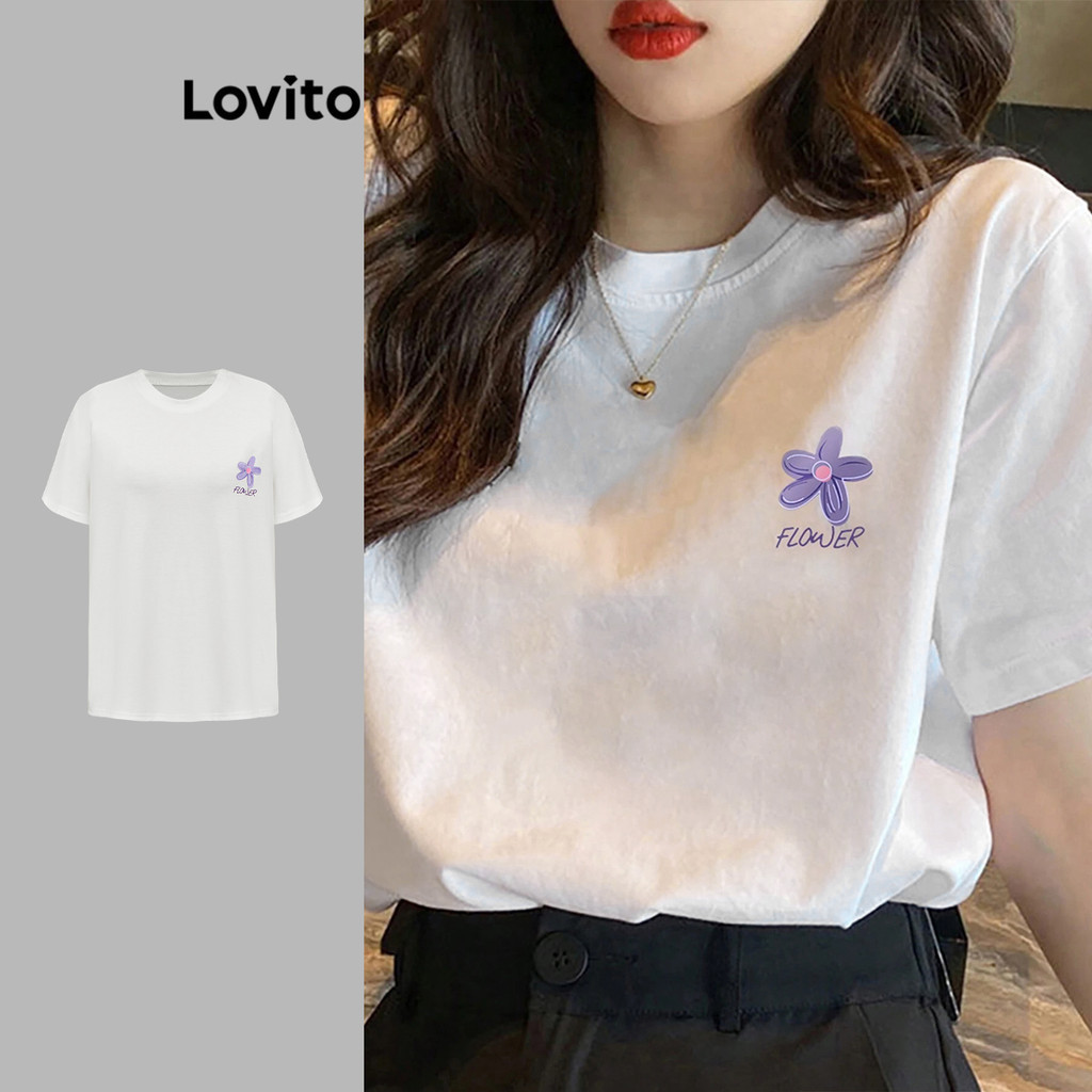 Lovito T-shirt floral desportiva para mulher L86ED090