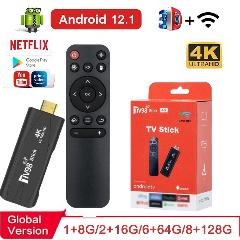 Global 4K TV Stick E Android 12.1 Smart TV98 Media Dual 2.4G 5G Wifi 8GB 128GB 4K HD 2