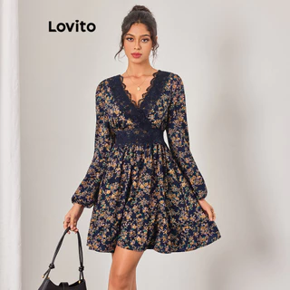 Lovito Vestido romântico floral de renda com babados e decote para mulheres LBL11410