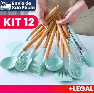 Jogo Kit Colheres de silicone cabo de madeira 12 peças utensílios cozinha