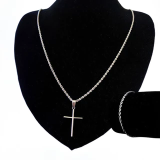 Kit 2 Corrente e Pulseira Torcido Cordão Banhado Prata com colares masculinos com pingente Pingente de Cruz Aço inoxidável 316L