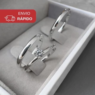 Par De Aliança Namoro Prata Fina 3mm + Solitário 925 Anel De Compromisso Fininha Aço Inoxidável 316L
